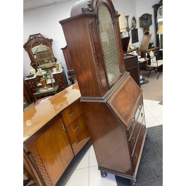 Antique Secretary Desk, Brass Backed Screen Glass Door, Burl Wood Inlay, Two Shelves For Sale - Image 11 of 12