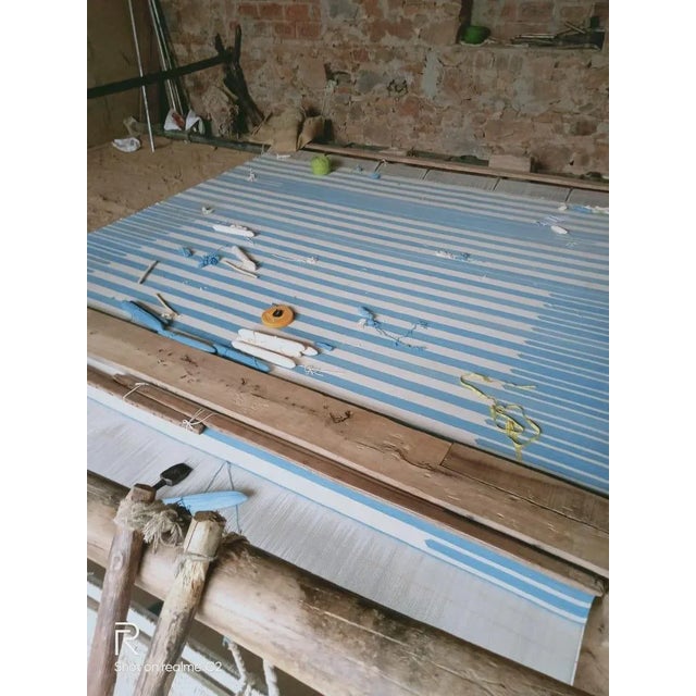 Handmade Cotton Natural Vegetable Dyed Area Rug, Sky Blue and White Striped Dhurrie-8'x10' For Sale - Image 11 of 12