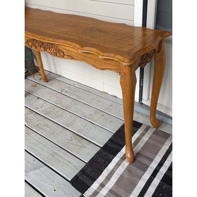 1970s Golden Oak Console Table With Decorative Design Motiff For Sale - Image 4 of 11
