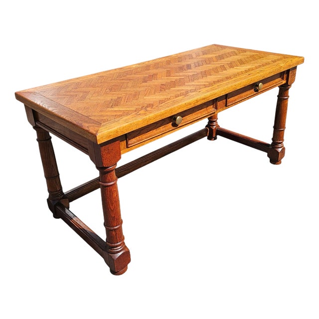 Vintage Oak Herringbone Design Parquetry Writing Desk by Century For Sale