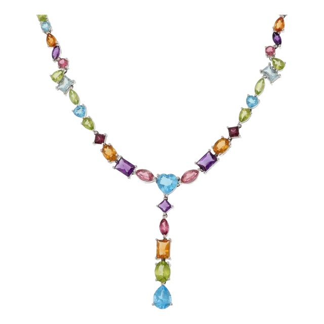 Estate 35 Carats Multicolor Gems 14k White Gold Necklace For Sale