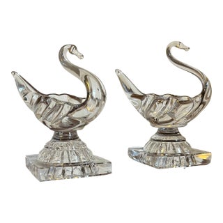 Antique 19th Century American Flint Glass Swan Form Open Salt Cellars With Lemon Squeeze Bases - A Pair For Sale
