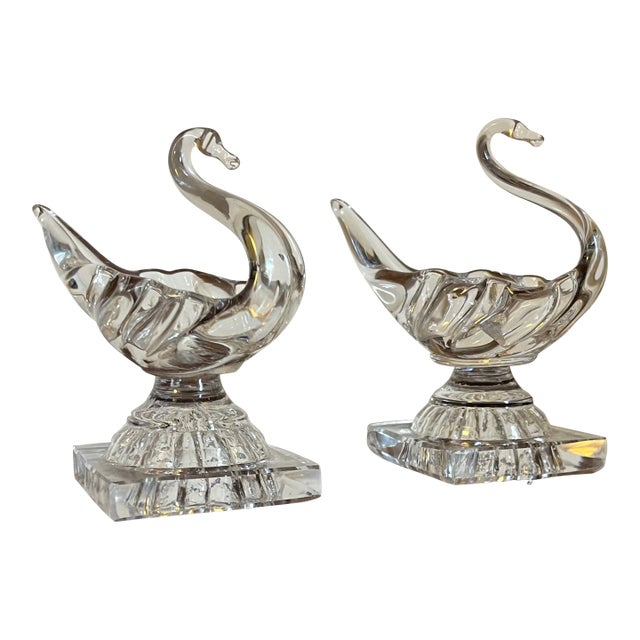 Antique 19th Century American Flint Glass Swan Form Open Salt Cellars With Lemon Squeeze Bases - A Pair For Sale