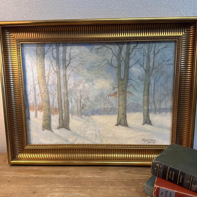 Gold Impressionist Oil Painting by Oyert Olsen 1933 a Beautiful Winters Day in the Wood. Oil on Canvas - Original Gold Gilded Wood Frame. For Sale - Image 8 of 10