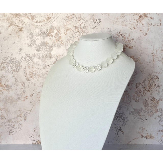 Metal Swirl-Carved Frosted Rock Crystal Bead Necklace With Mother-of-Pearl Clasp For Sale - Image 7 of 9