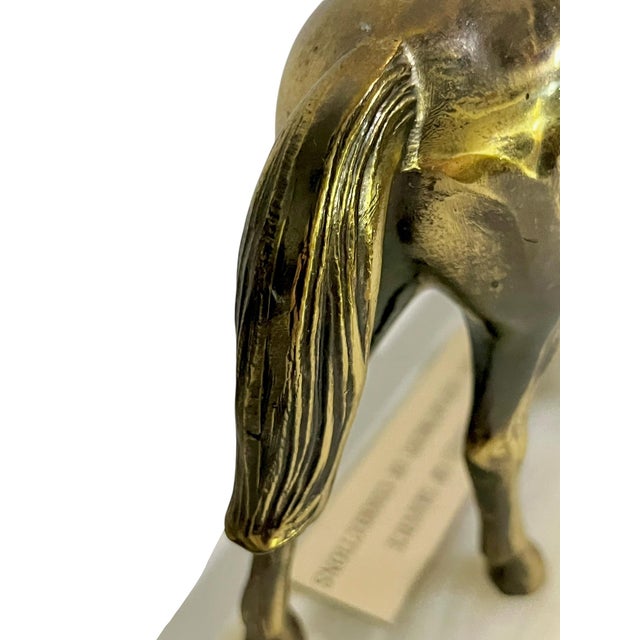 Vintage Brass Equestrian Horse Bookends on White Marble Bases – Pair of Western Style Horse Sculptures For Sale - Image 11 of 14
