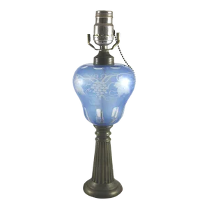 Late 1800s Blue Cut to Clear Glass Brass Marble Oil Whale Style Table Lamp Works!
