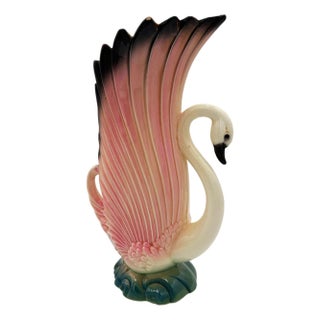 Early Mid-Century Pink & Black Ceramic Swan Flower Table Vase by Maddux For Sale