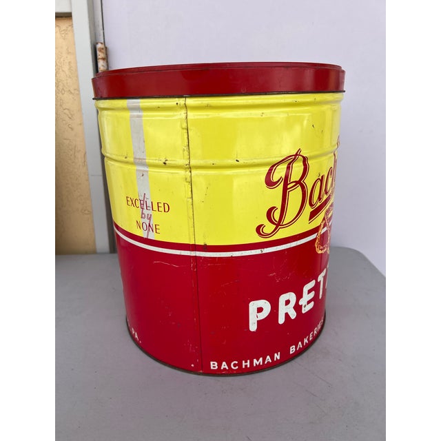 Large Vintage 1950s Red & Yellow Bachman Pretzel Tin For Sale In West Palm - Image 6 of 6