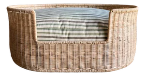 Woven Rattan Pet Bed With Outdoor Stripe Fabric