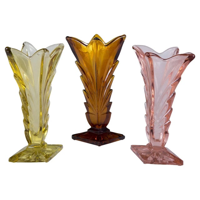 Art Deco Pink, Yellow and Orange Glass Vases, Bohemia, Set of 3 For Sale - Image 15 of 15