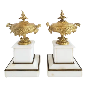 Antique French 18th Century Gilt Bronze & Marble Urns- a Pair
