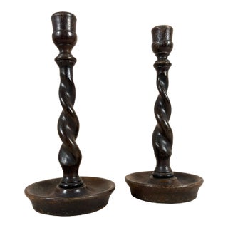 Antique English Barley Twist Candlestick Holders Set, Circa 1910 For Sale