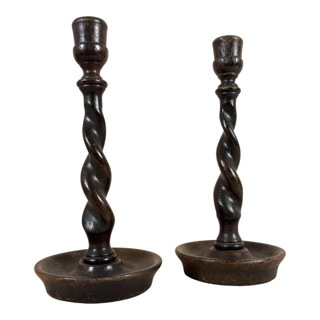 Antique English Barley Twist Candlestick Holders Set, Circa 1910 For Sale