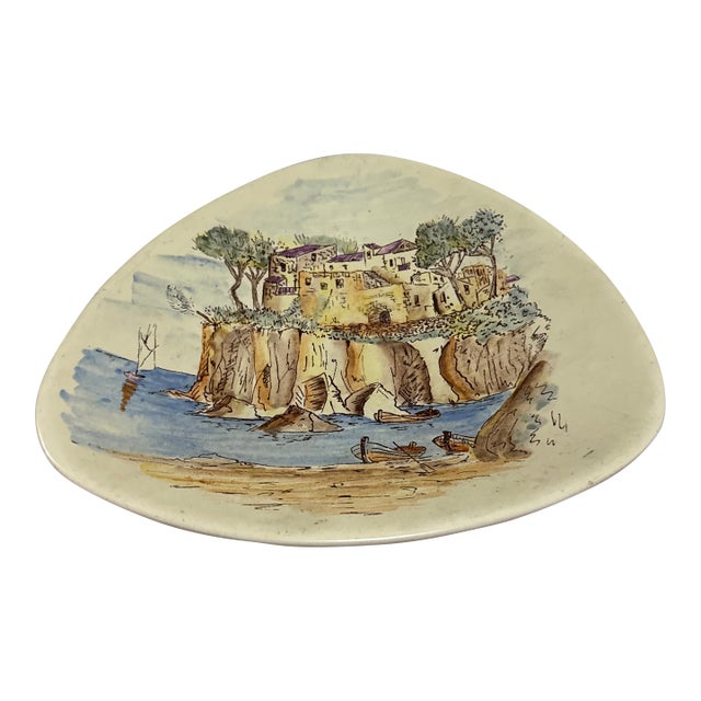 1970s Ceramic Hanging Plate With Hand-Painted Coastal Landscape For Sale
