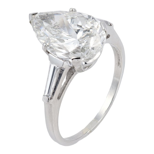 Mid 20th Century Gia 6.10 Carat Pear Shape Diamond Platinum Engagement Ring, Size 9.5 For Sale