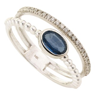 14k Gold Modern Blue Sapphire & Diamond Beaded Double Band Ring Size 4 For Sale