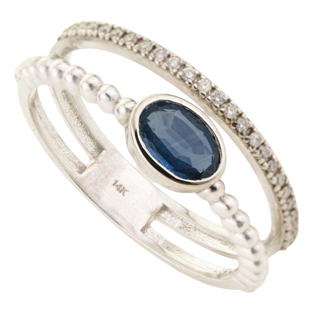 14k Gold Modern Blue Sapphire & Diamond Beaded Double Band Ring Size 4 For Sale