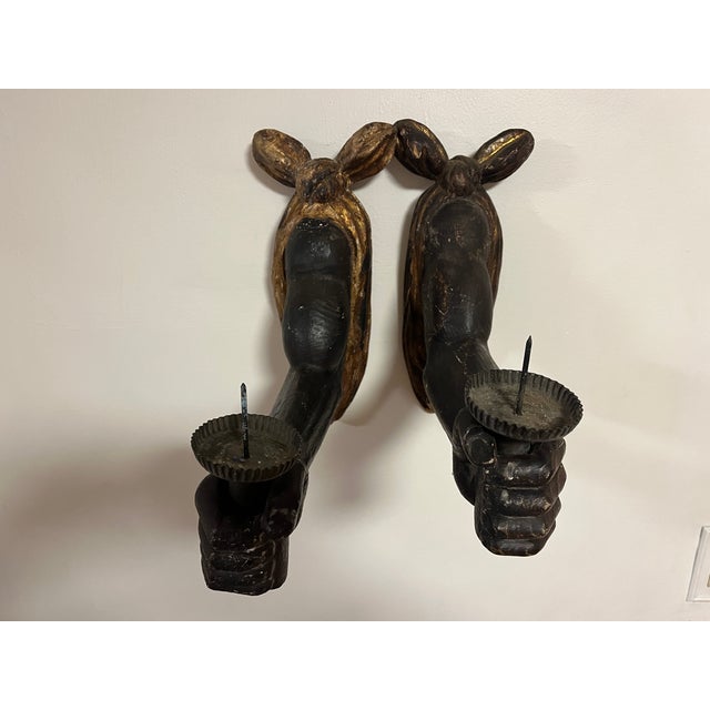 Antique Hand Carved Wooden Powerful Fists Wall Candle Sconces Salvaged Architecture For Sale - Image 15 of 18