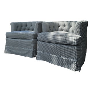 Pair of Vintage Blue & White Houndstooth Tufted Club Chairs For Sale