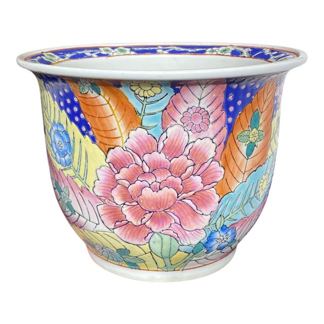 Chinese Porcelain Planter Tobacco Leaf Vintage Mottahedeh Style Chinoiserie For Sale