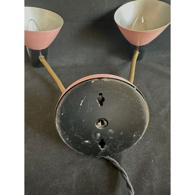 1950s Mid-Century Modern Dual Gooseneck Desk Lamp; Pink and Black Metal Cones For Sale - Image 11 of 14