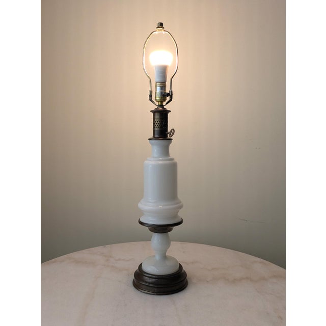 Antique Milk Glass & Bronze Table Lamp For Sale - Image 4 of 5
