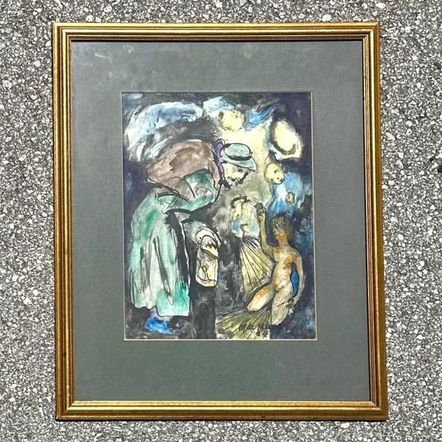 This striking Vintage Boho Figurative Abstract Watercolor on Paper exudes a sense of mystery and surrealism. The artist...