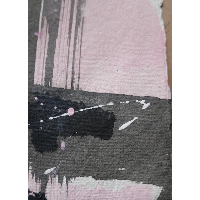 Traction. VI White Framed Abstract Black Strokes /Pink Painting For Sale - Image 4 of 5