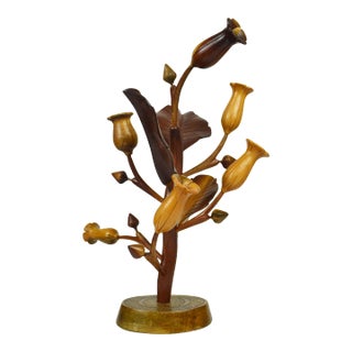 Mid 20th Century Modern Tall Carved Wood Floral Arrangement Art Sculpture For Sale