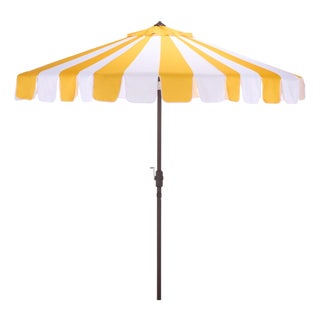 Meze 9 Ft Crank Umbrella, Yellow Cabana Stripe/Brown Pole For Sale