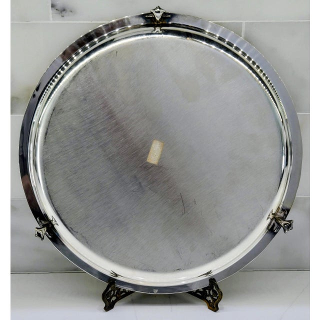 Metal Vintage Prill Silver Co. 12" Silverplate Gallery Tray With Lion Crest, Beaded Rim & Paw Feet For Sale - Image 7 of 8