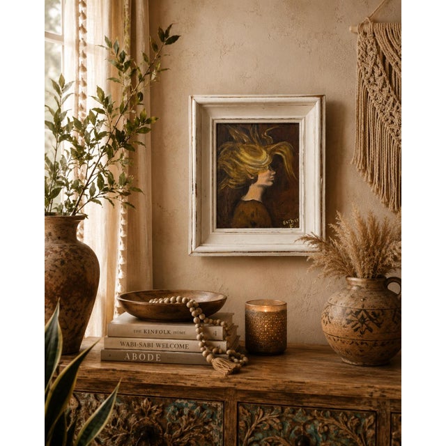 Boho Chic Vintage Signed Portrait Painting of a Woman in Profile With Windswept Hair For Sale - Image 3 of 10