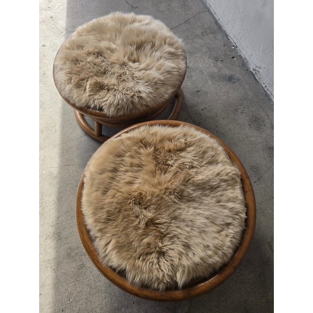 Paul Frankl Pair of Round Bamboo Low Stools With Fur Seat by Paul Frankl For Sale - Image 4 of 5
