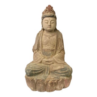 Chinese Rustic Wood Sitting Guan Yin Kwan Yin Bodhisattva Statue For Sale
