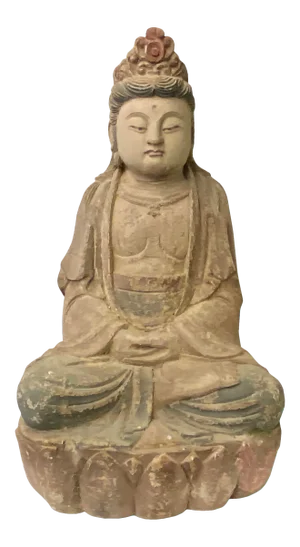 Chinese Rustic Wood Sitting Guan Yin Kwan Yin Bodhisattva Statue