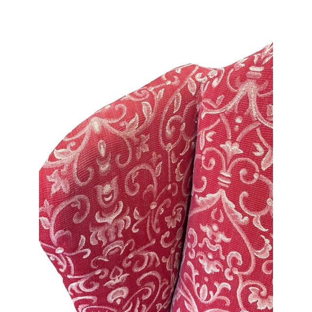 Elegant Queen Anne Wingback Chair in Coral Damask Upholstery With Carved Mahogany Frame For Sale - Image 11 of 12