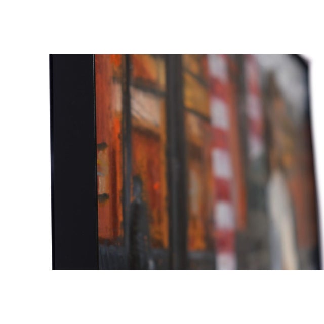 Dividing Lines by Stefan Smit | Oil on Panel Woman standing in front of striped columns in a cityscape. For Sale - Image 4 of 4