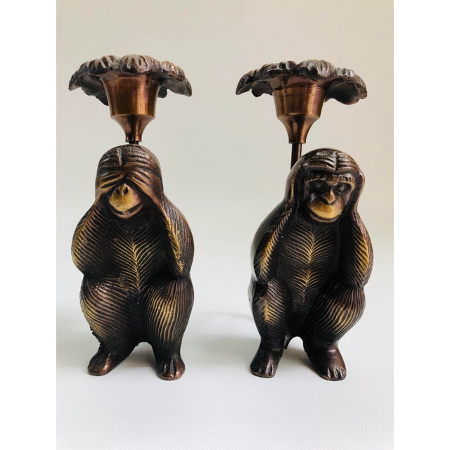 Vintage Brass Boho Chic Palm Beach Style Monkey Candle Holders a Pair