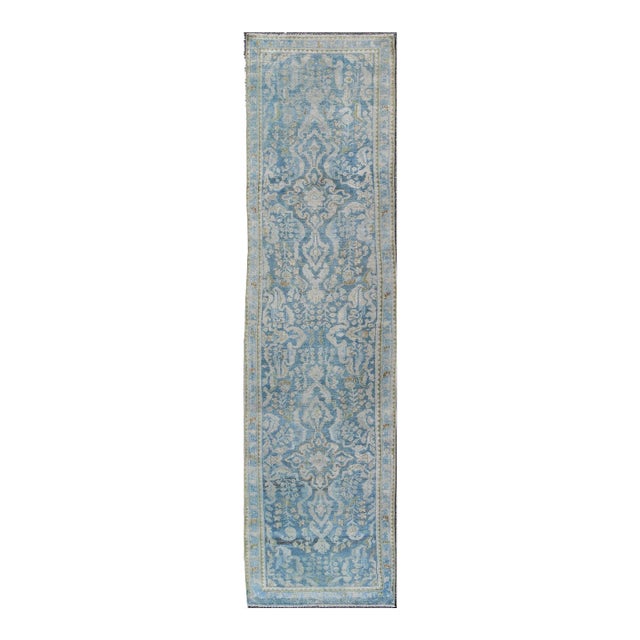 Early 20th Century Antique Persian Malayer Runner With All-Over Design in Blue and Hints of Olive For Sale