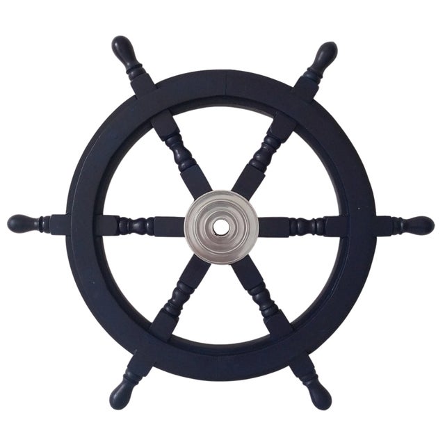 Early 19th Century Nautical Handcrafted 24 Inch Dark Blue Wooden Ship Wheel, Home Wall Décor For Sale - Image 6 of 6