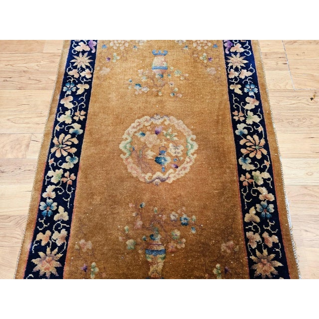 Textile Vintage Chinese Art Deco Area Rug, Hand-Knotted Wool Pile, Tan, Dark Blue, 1920s For Sale - Image 7 of 12