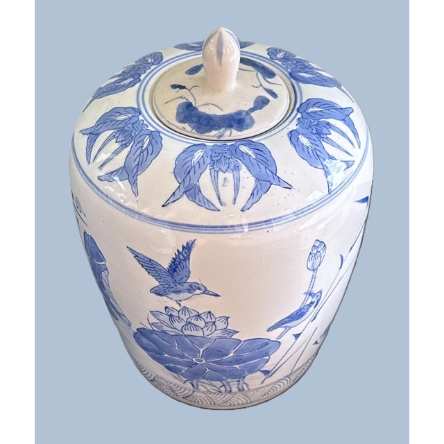 Blue and White Porcelain Ginger or Melon Jar Chinese hand-painted porcelain ginger / melon jar with a lidded finial top....