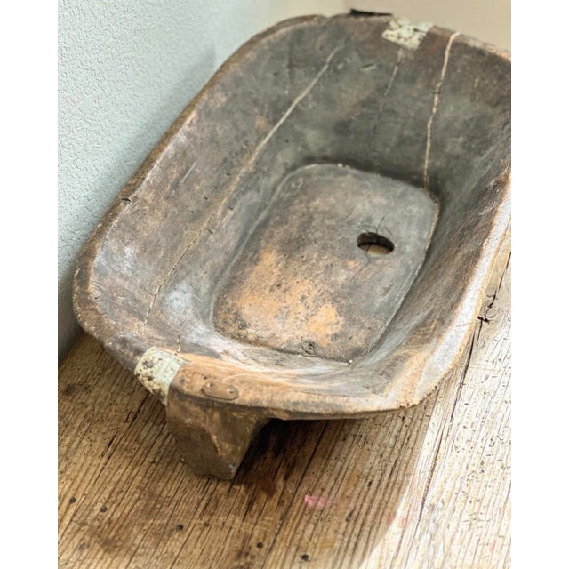 Rustic Antique Eastern European Hand-Carved Wooden Dough Bowl With Original Metal Repairs For Sale - Image 3 of 6