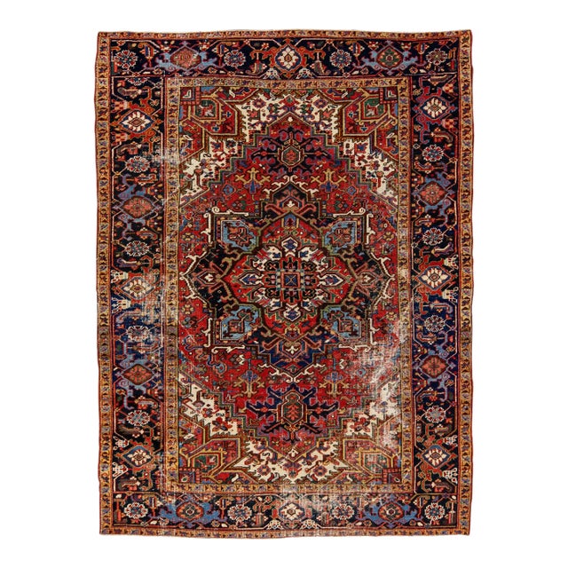 Antique Persian Heriz Red Handmade Medallion Motif Wool Rug For Sale
