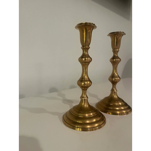 1970s Vintage Brass Candlesticks- a Pair For Sale - Image 5 of 6