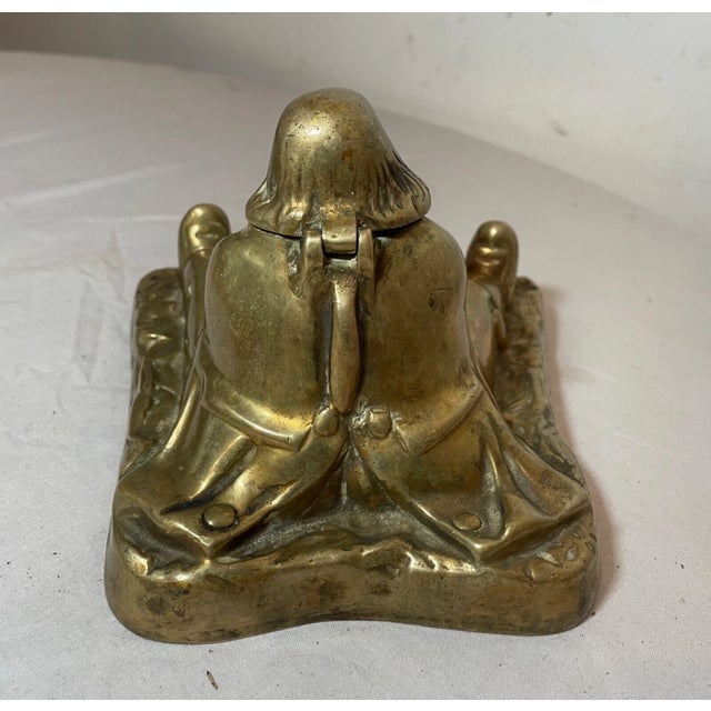 Metal Large Antique Solid Bronze Brass Figural Writing Fat Man Eating Turkey Inkwell For Sale - Image 7 of 13