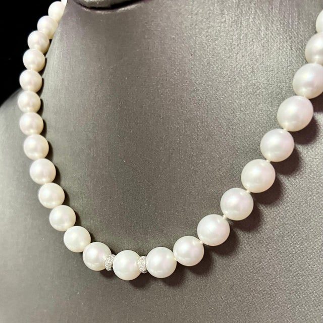 Traditional Natural South Sea Pearl Diamond Necklace 14k W Gold Certified For Sale - Image 3 of 9