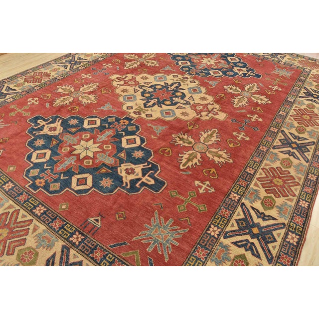 Farmhouse Kazak Rug 10’10” X 14’11” Red Wool Tribal Hand-Knotted Oriental Carpet For Sale - Image 3 of 15