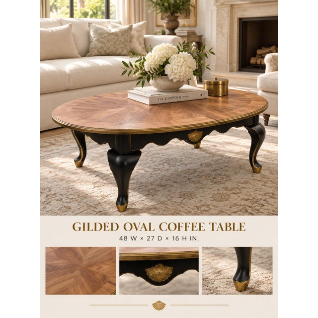 A richly detailed interpretation of classic French Provincial design, this vintage oval coffee table pairs an exceptional...